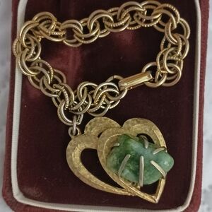 Vintage BSK Gold Double Heart Natural Green Stone Bracelet - Womens